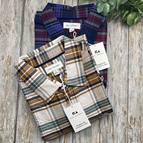 Men's Long Sleeve Button Down Plaid Stretch Oxford Tartan Shirt 2-Pack Size L - Picture 1 of 15